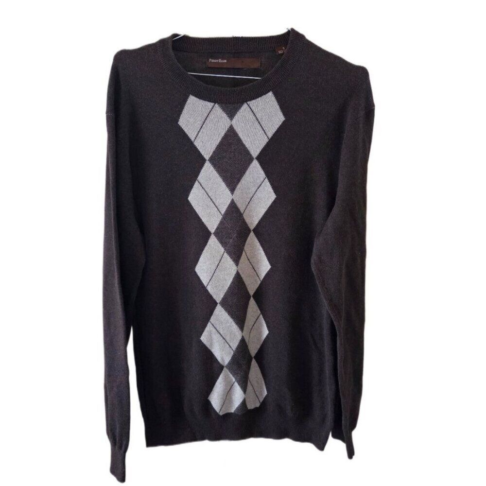 Perry Ellis Men's Brown Crewneck Argyle Long Sleeve Sweater